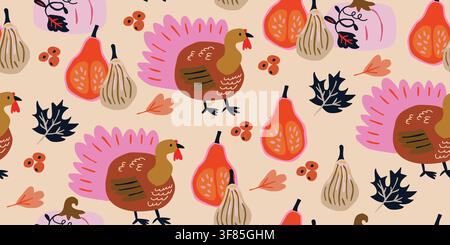 Seamless Thanksgiving pattern with wild turkeys, harvest pumpkins, autumn leaves and berries on a warm beige background. Cozy farmhouse design for fabric, wallpaper, wrapping paper and seasonal fall decor. hand drawn vector file. Stock Vector