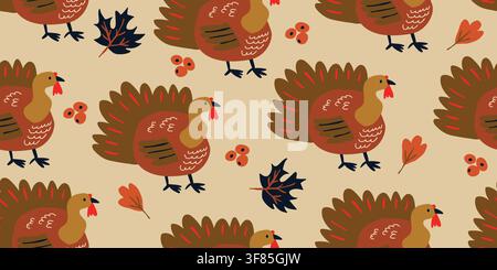 Seamless Thanksgiving turkey pattern with wild turkeys, autumn leaves and berries on a warm beige background. Cozy harvest and farmhouse design for fabric, wallpaper, wrapping paper and seasonal decor. hand drawn vector file. Stock Vector