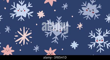 Seamless winter snowflake pattern with cute smiling snowflakes and stars on a dark blue background. Cozy Christmas design for kids, fabric, wallpaper, wrapping paper and holiday decor. hand drawn vector file. Stock Vector