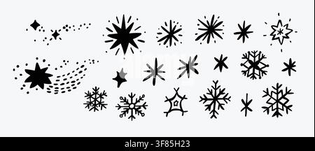 Winter snowflake clipart set with hand drawn doodle snowflakes and stars in outline style. Perfect for Christmas crafts, stickers, scrapbooking, invitations, coloring pages and holiday DIY projects. hand drawn vector file. Stock Vector