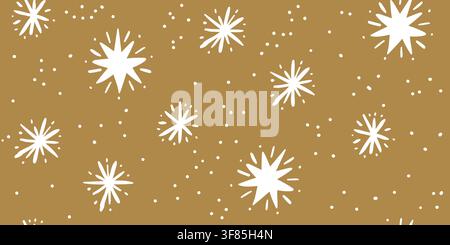 Seamless Christmas star pattern with white stars and tiny snowflakes on a warm gold background. Minimalist festive design for fabric, wallpaper, wrapping paper, holiday decor and winter projects. hand drawn vector file. Stock Vector