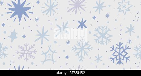 Seamless winter pattern with pastel snowflakes, stars and falling snow on a soft gray background. Cute Christmas blizzard design for kids, fabric, wallpaper, wrapping paper and seasonal holiday decor. hand drawn vector file. Stock Vector