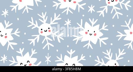 Seamless winter pattern with cute smiling snowflakes on a soft blue background. Minimalist Christmas design for kids, nursery fabric, wallpaper, wrapping paper and cozy holiday decor. hand drawn vector file. Stock Vector