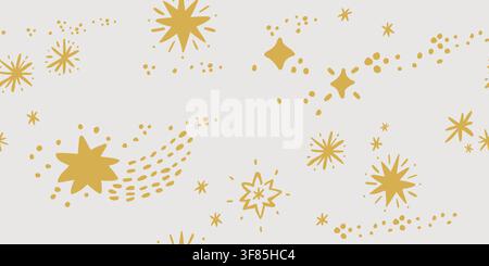 Seamless Christmas pattern with golden stars, hand drawn snowflakes and magical sparkles on a soft gray background. Elegant minimalist design for fabric, wallpaper, gift wrap and festive holiday decor. hand drawn vector file. Stock Vector