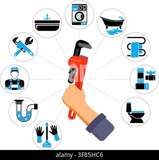 Plumbing service infographics like installation, repair and cleaning with plumber, tools and device and hand holds plumber wrench. two color flat icon Stock Vector