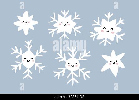 Cute winter clipart set with smiling snowflakes and stars on a soft sky blue background. Perfect for Christmas crafts, stickers, nursery decor, greeting cards, scrapbooking and holiday DIY projects. hand drawn vector file. Stock Vector