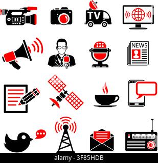 Media and News Icons Set with Journalism, Television, Newspaper and SMS in two color. Vector isolated on white. Stock Vector