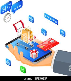 Hand with Smartphone, Shopping Cart, Credit Card. Internet Shopping and Online Electronic Payments Concept. Isometric icons. vector illustration Stock Vector
