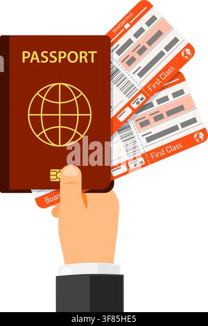 Vacation and Tourism Concept with Flat Icons Hand with Passport and airplane tickets. isolated vector illustration Stock Vector