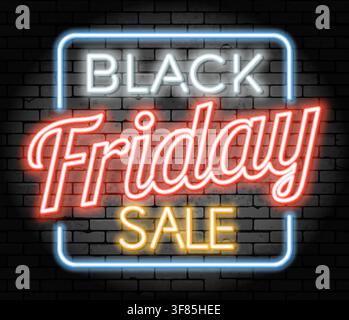 Black Friday Sale neon banner. Design signboard for blackfriday sale on brickwall texture. Glowing white, orange and red neon letters in frame. Realis Stock Vector