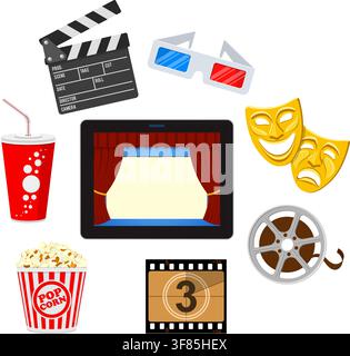 Concept online movie, tablet pc with cinema on screen, flat icon style, isolated vector illustration Stock Vector