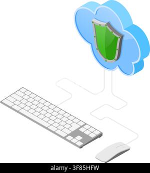 Cloud Computing Technology Isometric Concept with Computer Keyboard, Mouse and Shield Icons. Security cloud storage server. Vector illustration Stock Vector