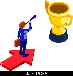 business success. isometric businessman stands on arrow and looks through spyglass for new opportunities. vector startup, goals concept. vision, plann Stock Vector