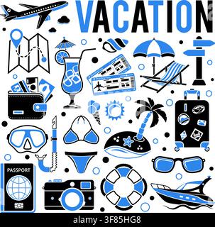 Vacation and Tourism Concept with two color Flat Icons Boat, Cocktail, Island, Aircraft and Tickets. Isolated vector illustration Stock Vector