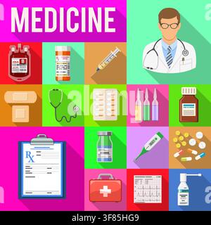 Set of medical and healthcare icons in flat style on colored squares with Long Shadows like Doctor, Health treatment, blood transfusion, cardiogram, p Stock Vector