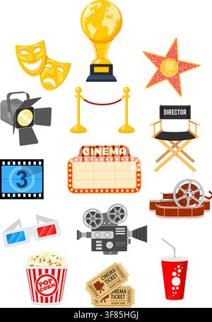 Cinema and Movie infographics with Flat Icons Set popcorn, award, 3D glasses, tickets. Isolated vector illustration Stock Vector