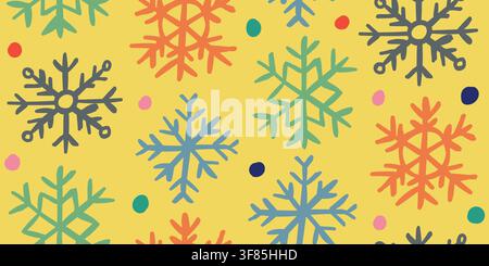 Seamless Christmas pattern with vintage hand drawn snowflakes and festive confetti on a warm paper texture background. Retro holiday design for fabric, wallpaper, wrapping paper and seasonal decor. hand drawn vector file. Stock Vector