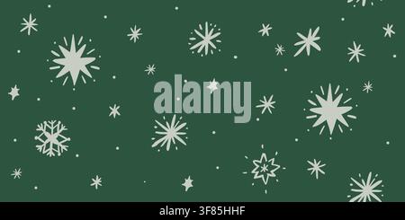 Seamless Christmas pattern with delicate snowflakes and stars on a deep green background. Minimalist winter design for fabric, wallpaper, wrapping paper, holiday decor and festive New Year projects. hand drawn vector file. Stock Vector