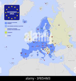 Schengen Area, European map of member states with flags and borders, vector illustration Stock Vector