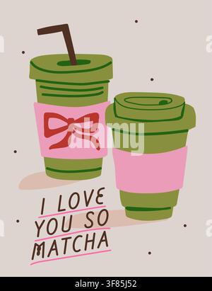 Cute matcha wall art featuring two hand drawn takeaway matcha cups with pink sleeves, red bows and the playful quote I Love You So Matcha on a minimalist gray background. Trendy poster celebrating friendship, cafes and matcha lovers. hand drawn vector file. Stock Vector