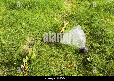 Single empty crushed plastic water bottle discarded on green grass in a public park, conceptual image of plastic pollution in nature on a sunny day Stock Photo