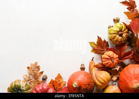 Seasonal frame from fall harvest, pumpkins, colorful leaves on white background with space for text. Autumn composition. Concept of Halloween or Thank Stock Photo