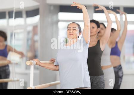 Elderly woman learning third ballet position with group of amateurs Stock Photo