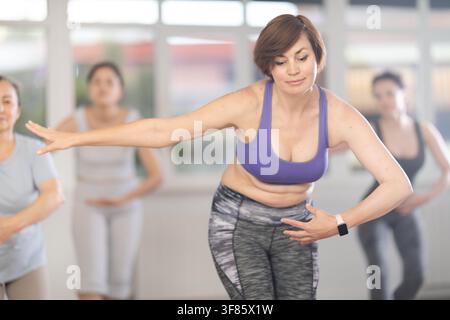 Group of female beginners rehearsing ballet dance Stock Photo