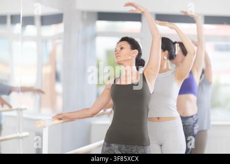 Group of women beginners practicing at ballet barre Stock Photo
