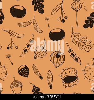 Seamless pattern with seeds, pods and autumn leaves. Vector hand-drawn doodle illustrations. Stock Vector