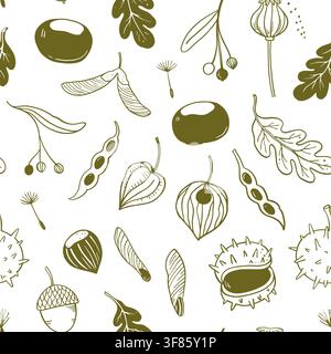 Seamless pattern with seeds, pods and autumn leaves. Vector hand-drawn doodle illustrations. Stock Vector