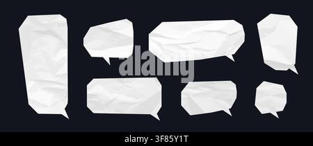 Comic crumpled paper speech bubble collection. Wrinkled chat box set. Torn paper dialogue shapes for sticker, collage, text box, banner, poster. Vector empty textured irregular scrapbook elements Stock Vector