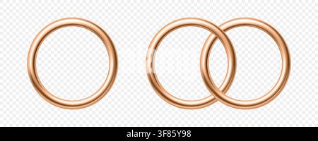 Gold Wedding Ring Set with Single and Interlocking Wedding Bands, 3d Vector Illustration. Elegant Golden Circular Frames and Marriage Clipart Isolated Stock Vector