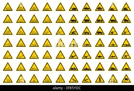This set of warning signs features various vehicles and machinery icons designed in a yellow triangular format. Ideal for safety and construction them Stock Vector