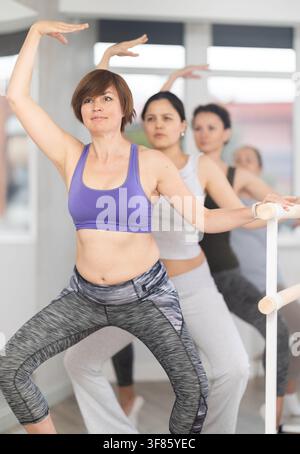 Group of female beginners performing plie at barre Stock Photo