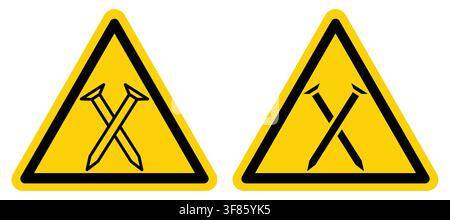Two caution symbols featuring crossed nails inside yellow triangles signify potential hazards on construction sites, emphasizing safety and alertness Stock Vector