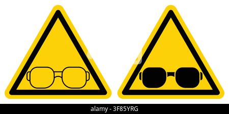 This image showcases two caution signs with unique eyewear illustrations on vibrant yellow backgrounds. Each sign features a distinct design emphasizi Stock Vector