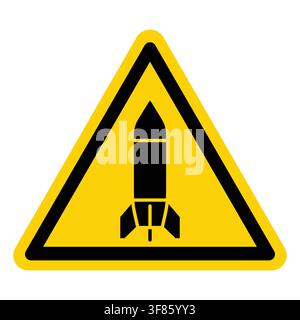 This caution sign features a striking yellow triangle with a black rocket icon, serving as a visual alert for aerospace-related contexts and safety co Stock Vector