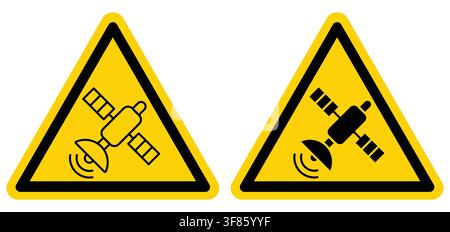 This image features two warning signs related to satellite communication systems, emphasizing safety and awareness in technology use and environment. Stock Vector