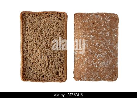 Whole wheat rye bread split lengthwise into two halves, showing both flour-dusted crust and airy crumb, isolated on a white background. Ideal for bake Stock Photo