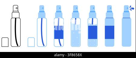 Set of seven tall slender spray bottle icons in outline blue fill label liquid bubble and droplet mist styles. Useful for cosmetic fragrance haircare packaging UI pictograms logos branding Stock Vector