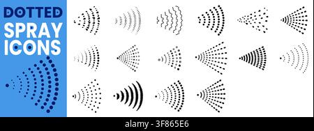 Set of dotted fan mist sprays featuring teardrop droplets, concentric arcs with radiating particle rays. Useful for shower branding, perfume atomizers, cleaning labels or humidifier product graphics Stock Vector