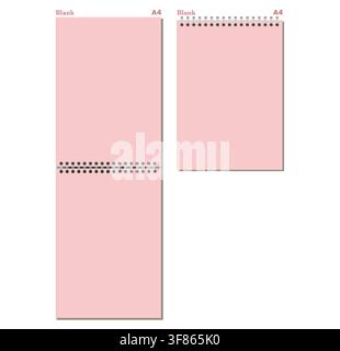 Set of pink blank A4 spiral pages has black side and top coils, clean rectangular sheets, and gray shadows. Useful for writing, study planning, desk organization, or digital stationery Stock Vector
