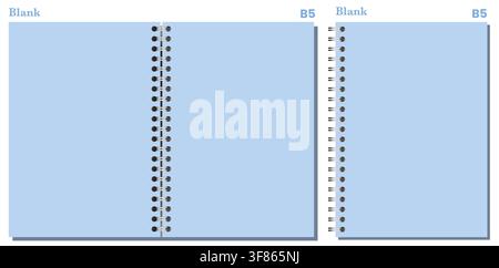 Set of blue blank B5 spiral pages has black side and center coils, clean rectangular sheets, and gray shadows. Useful for sketching, classwork, project planning, or editable layouts Stock Vector