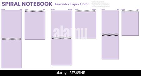 Set of lavender blank Mixed sizes spiral pages has black side and top coils, clean rectangular sheets, and gray shadows. Useful for writing, study planning, desk organization, or digital stationery Stock Vector