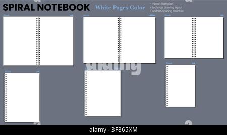 Sixpiece notebook sheets shows silver side coils, white blank paper surface, neat perimeter, soft shadow, grey backdrop. For printable stationery, education, office writing, notes, planning Stock Vector