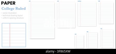 Paper Sheet Set displays seven labeled sheets in A3 A4 Letter B5 A5 A6 and B6 proportions. Ideal for printable collections, stationery catalogs, education resources, size comparisons Stock Vector