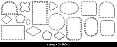 Black heart lace border frames form scalloped crochet trim around oval, circle, rectangle plus arch shapes as romantic decorative edges isolated on white background for wedding stationery. Stock Vector