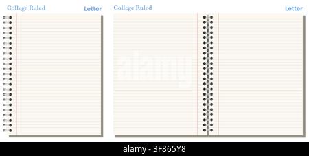 Ivory college ruled notebook page shows blue horizontal ruling plus red margin, black wire binding, and upright formats on white background. Suitable for schoolwork, planning, stationery Stock Vector
