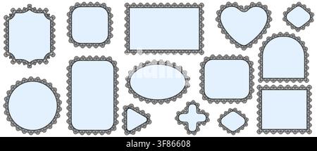 Black garden lace floral crochet borders wrap cerulean heart, circle, arch, diamond plus cross frames on white as vintage textile trim set for wedding invitation labels or scrapbook craft projects. Stock Vector